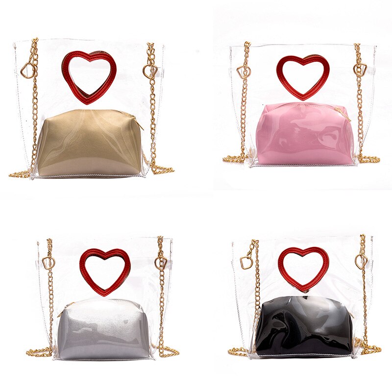 Women'S Diagonal Package Jelly Package Heart-Shaped Portable Transparent Wild Shoulder Bag +Clutch - ebowsos