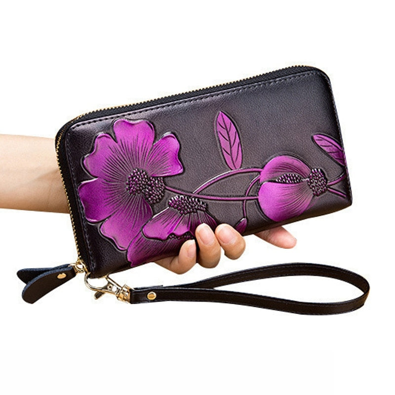 Women'S Elegant Floral Leather Wallet Fashion Long Ladies Clutch Bag Multi-Function Coin Purse - ebowsos