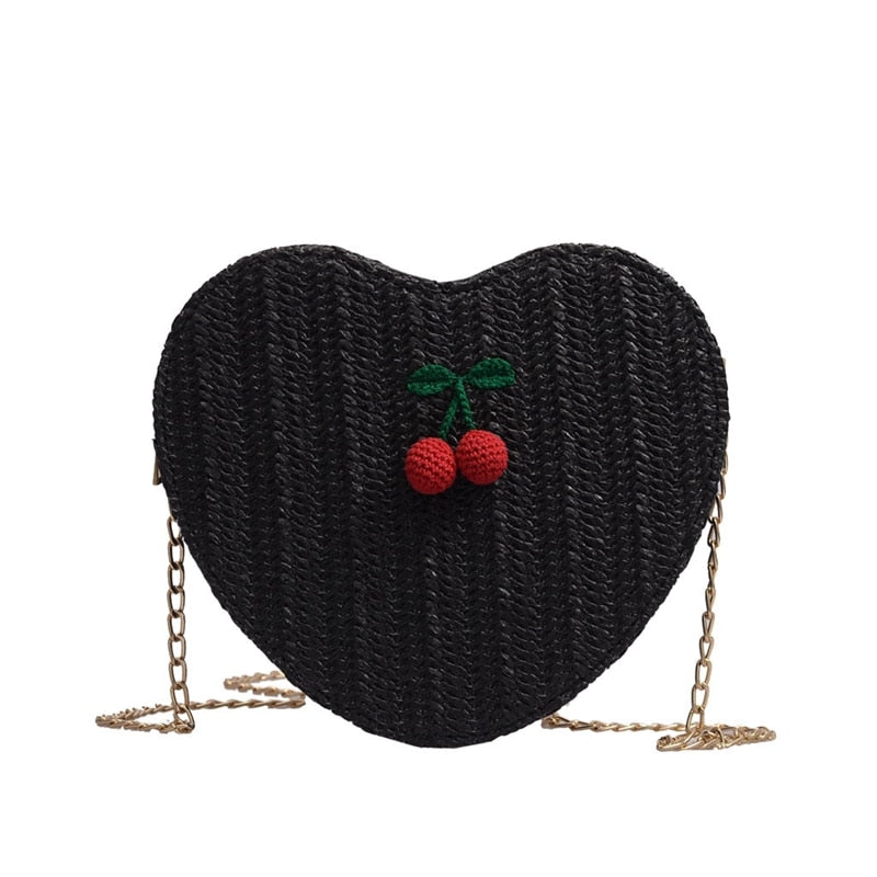 Women'S Fashion Elegant Heart-Shaped Cherry Accessories Solid Color Messenger Bag Shoulder Bag Love Woven Bag - ebowsos