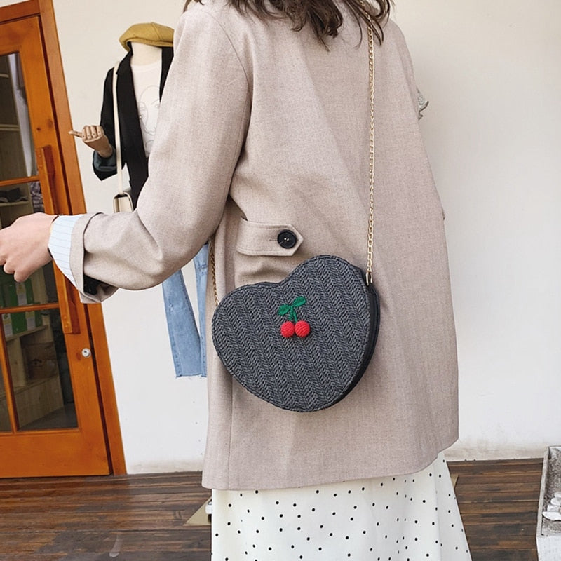 Women'S Fashion Elegant Heart-Shaped Cherry Accessories Solid Color Messenger Bag Shoulder Bag Love Woven Bag - ebowsos