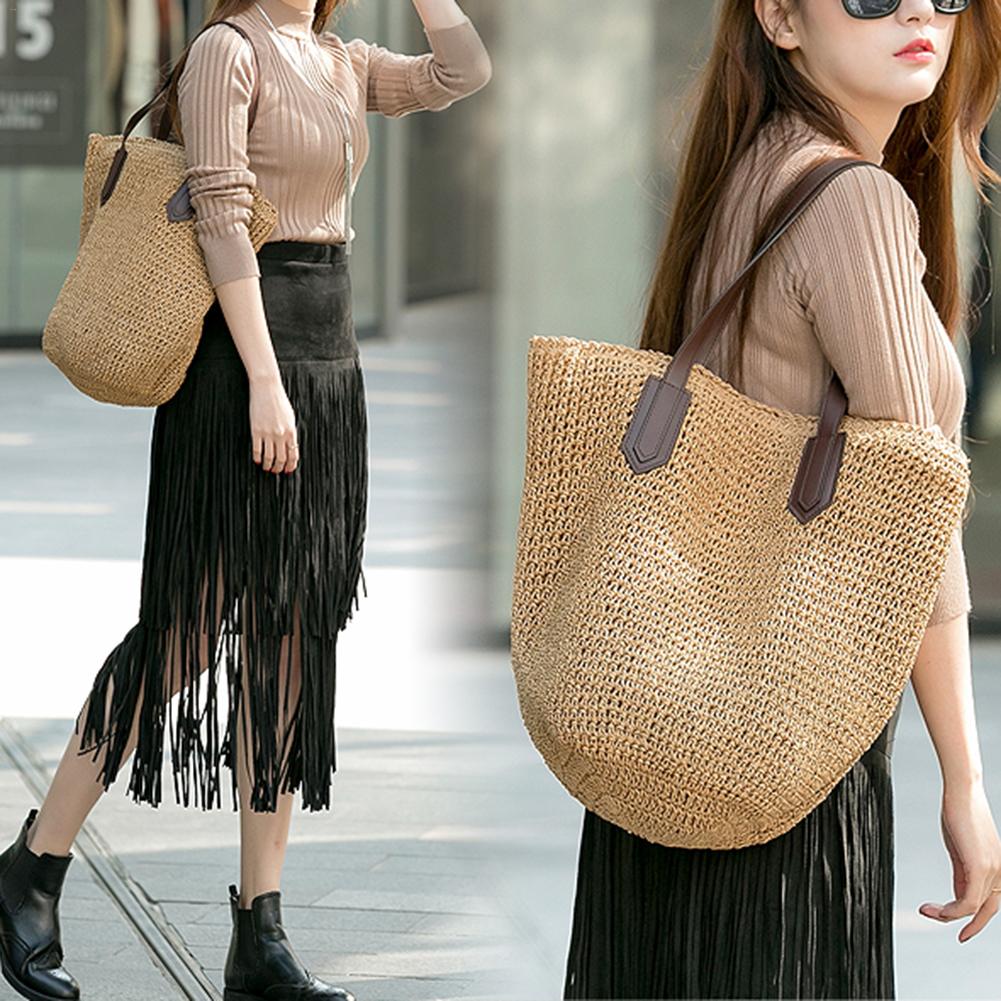 Women'S Handmade Straw Braided Bag Woven Bag Natural Fashionable Outdoor Handbag Beach Bags - ebowsos