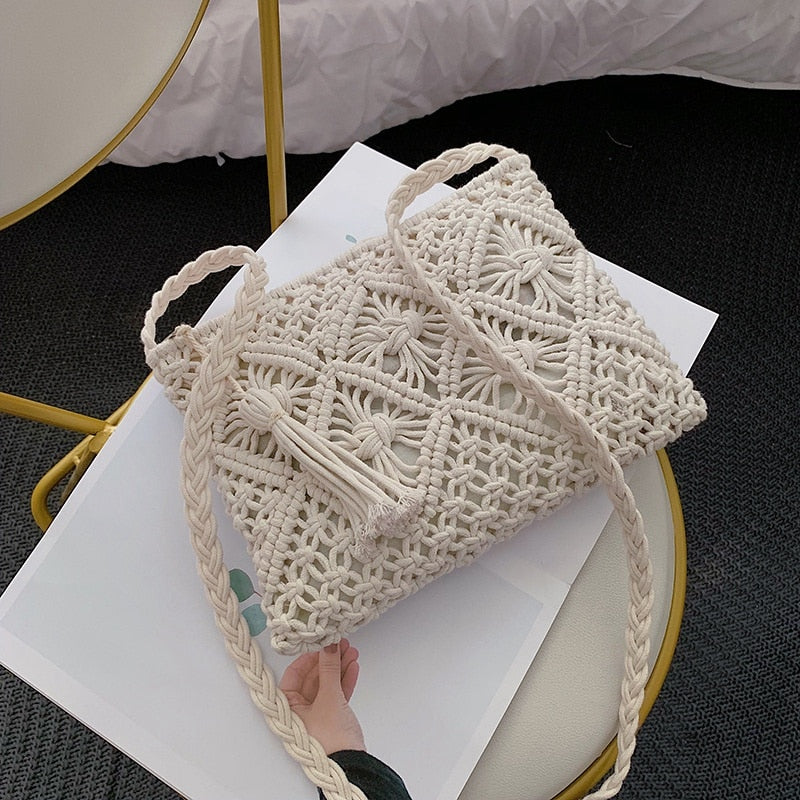 Women'S Single Shoulder Bag All-Match Summer Bag Paper Rope Hook Woven Bags Bamboo Tassel Beach Handbag - ebowsos