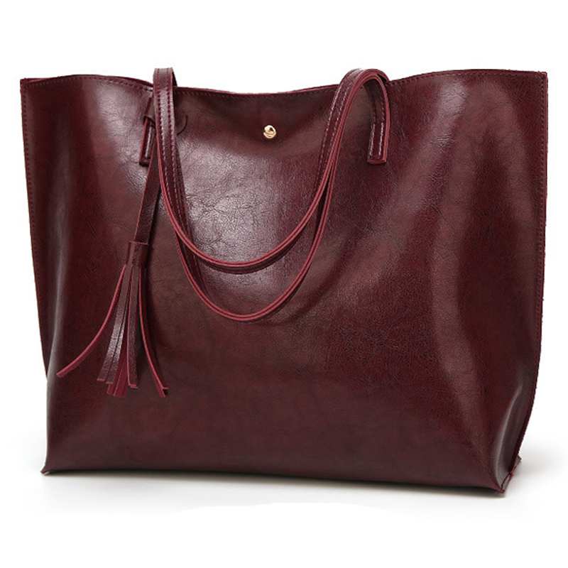 Women'S Soft Leather Tote Shoulder Bag From Tassel Handbag(Red Wine) - ebowsos