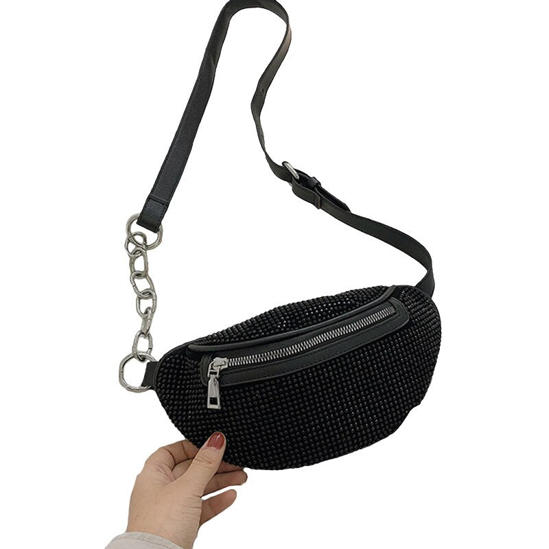 Women'S Waist Bags Diamonds Ladies Fanny Pack Fashion Chest Bag Banana Rhinestone Chain Crossbody Shoulder Bags Belt Bag - ebowsos