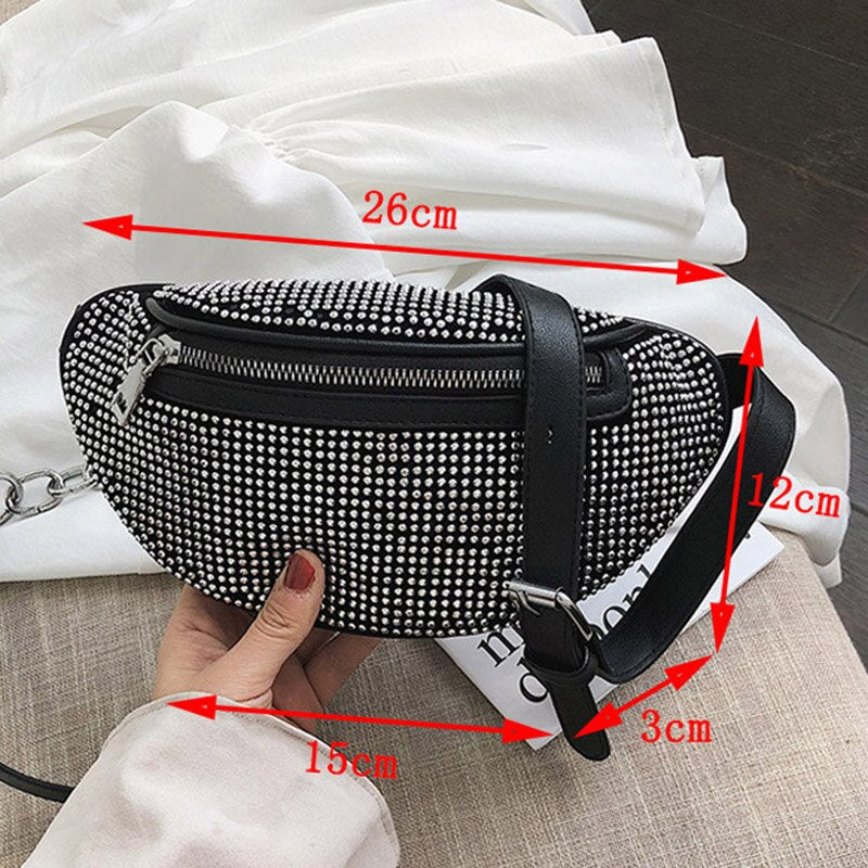 Women'S Waist Bags Diamonds Ladies Fanny Pack Fashion Chest Bag Banana Rhinestone Chain Crossbody Shoulder Bags Belt Bag - ebowsos