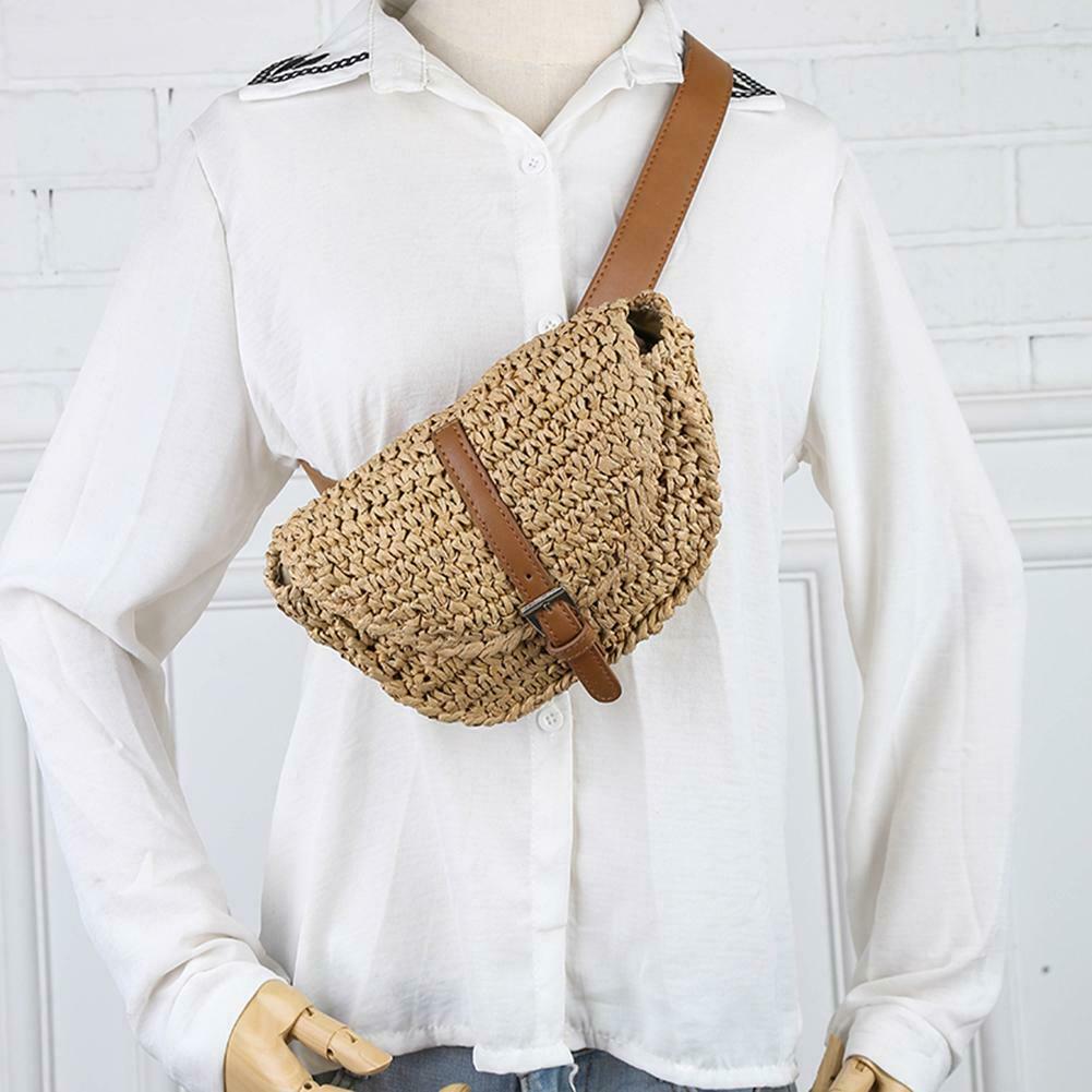 Women Semicircle Straw Bags Lady Waist Fanny Pack Summer Beach Satchel Chest Bag - ebowsos