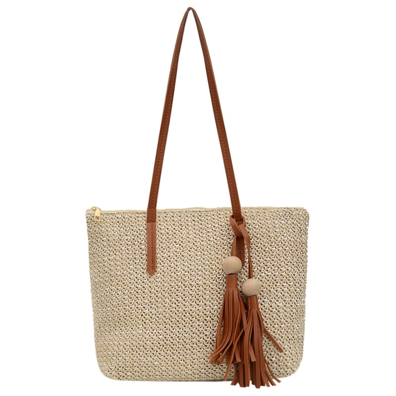 Women Simple Straw Handbag Shoulder Bag Tassels Tote Summer Beach Zipper Shopping Crossbody Fashion Travel Messenger Bag - ebowsos