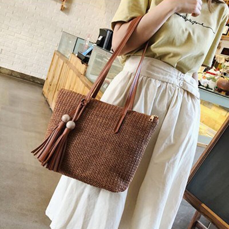 Women Simple Straw Handbag Shoulder Bag Tassels Tote Summer Beach Zipper Shopping Crossbody Fashion Travel Messenger Bag - ebowsos