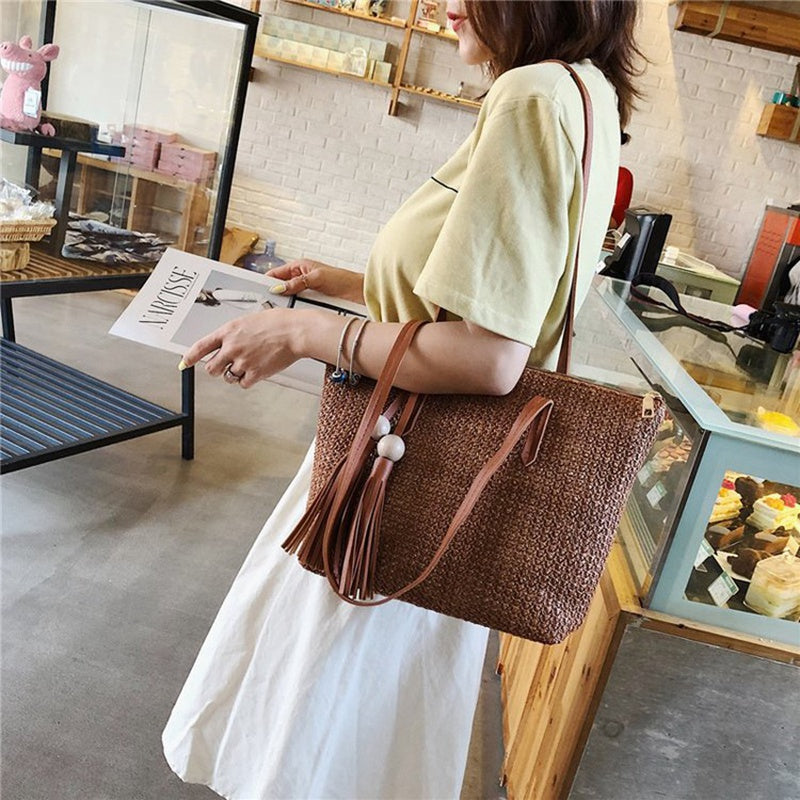 Women Simple Straw Handbag Shoulder Bag Tassels Tote Summer Beach Zipper Shopping Crossbody Fashion Travel Messenger Bag - ebowsos