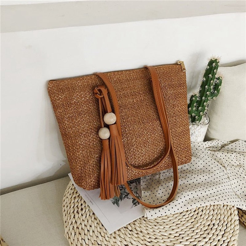 Women Simple Straw Handbag Shoulder Bag Tassels Tote Summer Beach Zipper Shopping Crossbody Fashion Travel Messenger Bag - ebowsos