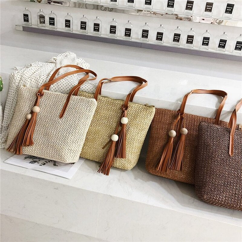 Women Simple Straw Handbag Shoulder Bag Tassels Tote Summer Beach Zipper Shopping Crossbody Fashion Travel Messenger Bag - ebowsos