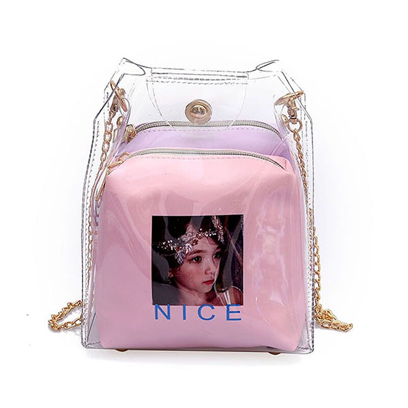 Women Small Bucket Bags Spray Map Plastic Transparent Totes Composite Chain Bag Mini Jelly Handbags - ebowsos