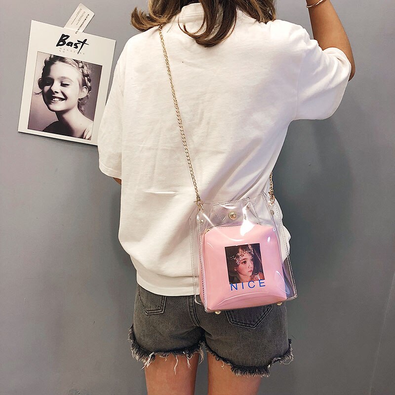 Women Small Bucket Bags Spray Map Plastic Transparent Totes Composite Chain Bag Mini Jelly Handbags - ebowsos