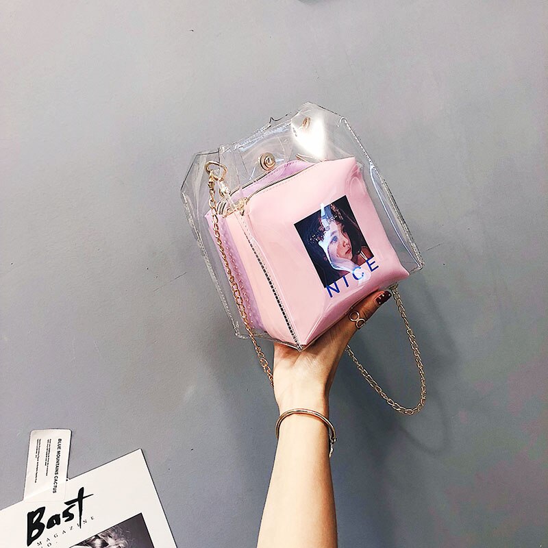 Women Small Bucket Bags Spray Map Plastic Transparent Totes Composite Chain Bag Mini Jelly Handbags - ebowsos