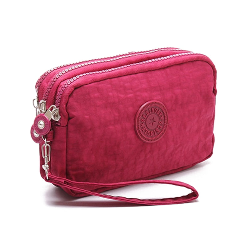 Women Small Wallet Washer Wrinkle Fabric Phone Purse Three Zippers Portable Make Up bag Rose Red - ebowsos