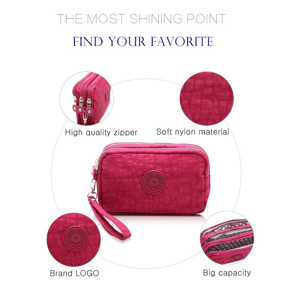 Women Small Wallet Washer Wrinkle Fabric Phone Purse Three Zippers Portable Make Up bag Rose Red - ebowsos