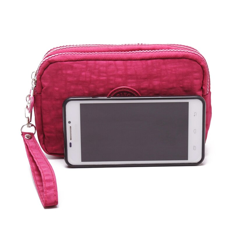 Women Small Wallet Washer Wrinkle Fabric Phone Purse Three Zippers Portable Make Up bag Rose Red - ebowsos