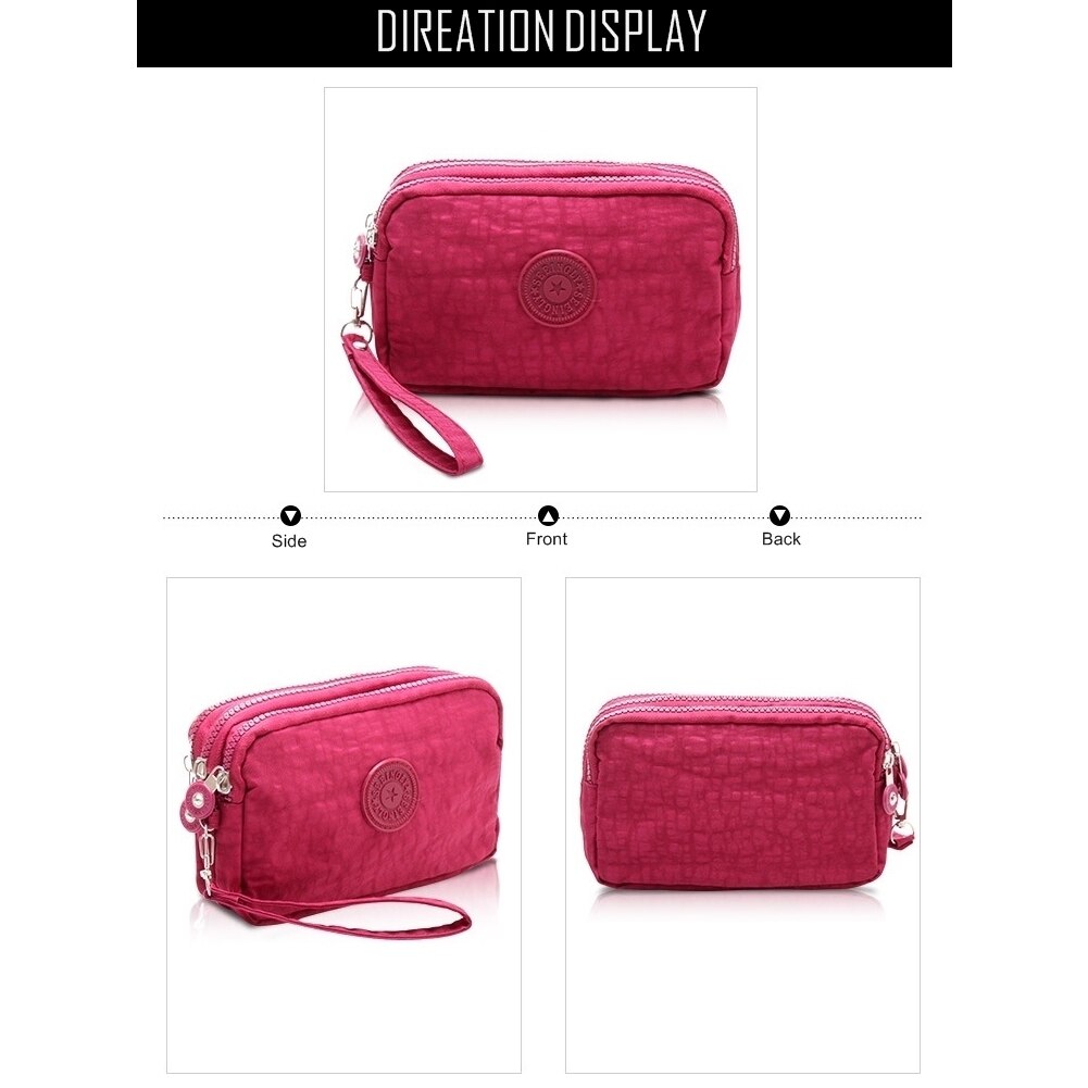 Women Small Wallet Washer Wrinkle Fabric Phone Purse Three Zippers Portable Make Up bag Rose Red - ebowsos