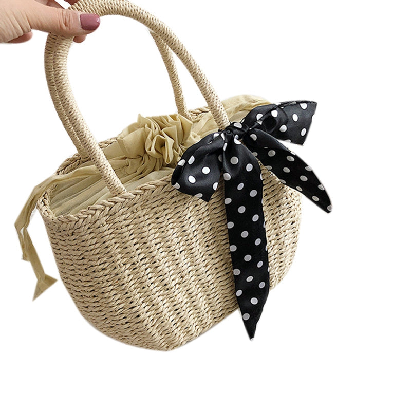 Women Straw Bag Retro Casual Summer Beach Hand-Woven Handbags Handle Tote Rattan Bag - ebowsos