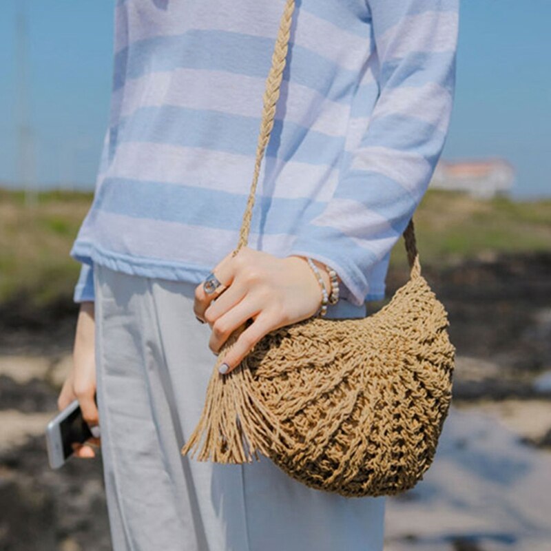 Women Straw Crossbody Purse Beach Handmade Woven Shoulder Bag With Tassels Bag, Half Round-Khaki+Beige(2 Bags) - ebowsos