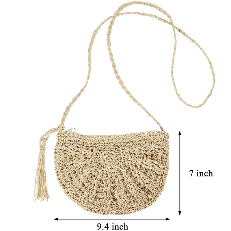 Women Straw Crossbody Purse Beach Handmade Woven Shoulder Bag With Tassels Bag, Half Round-Khaki+Beige(2 Bags) - ebowsos