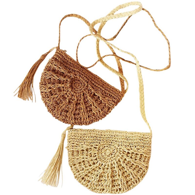 Women Straw Crossbody Purse Beach Handmade Woven Shoulder Bag With Tassels Bag, Half Round-Khaki+Beige(2 Bags) - ebowsos