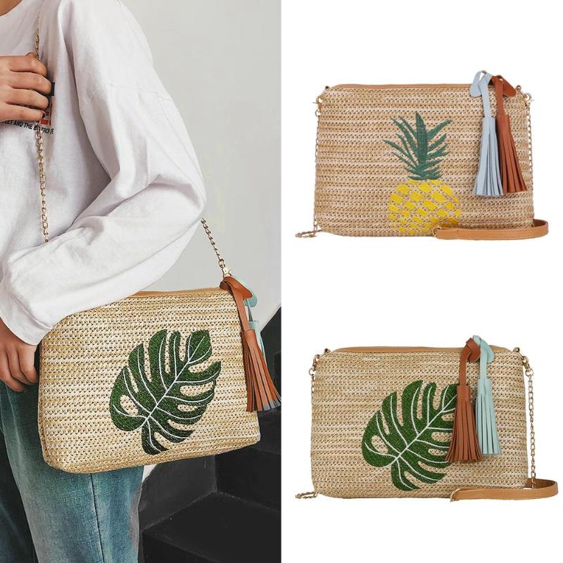 Women Straw Shoulder Bags Embroidery Zipper Handbags Summer Beach Bohemian Crossbody Bags - ebowsos