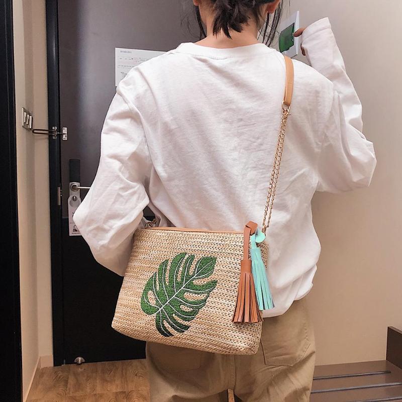 Women Straw Shoulder Bags Embroidery Zipper Handbags Summer Beach Bohemian Crossbody Bags - ebowsos