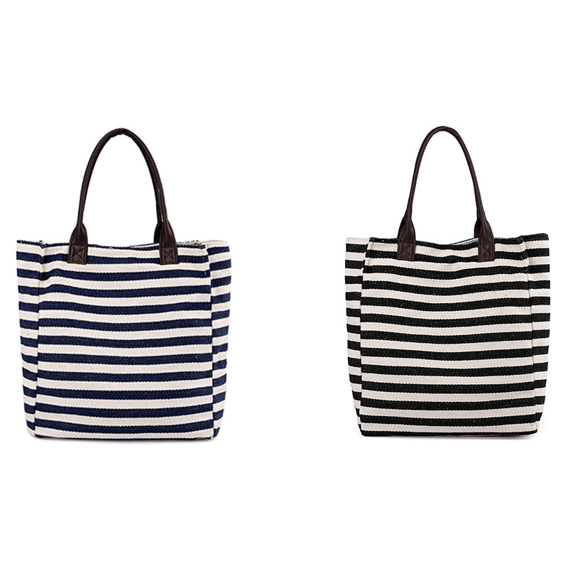 Women Stripes Canvas Beach Bag Large Capacity Female Zipper Shoulder Bag Ladies Polyester Totes Girl'S Casual Shopping Ha - ebowsos