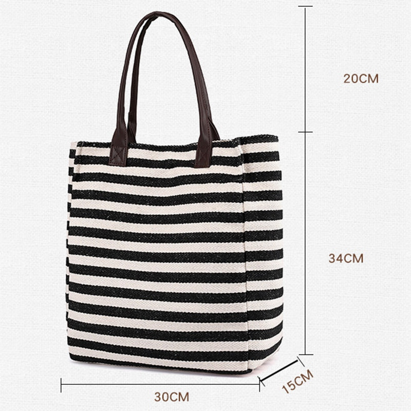 Women Stripes Canvas Beach Bag Large Capacity Female Zipper Shoulder Bag Ladies Polyester Totes Girl'S Casual Shopping Ha - ebowsos