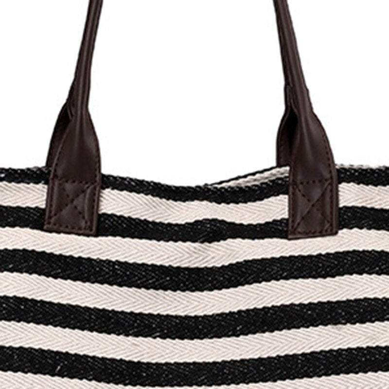 Women Stripes Canvas Beach Bag Large Capacity Female Zipper Shoulder Bag Ladies Polyester Totes Girl'S Casual Shopping Ha - ebowsos