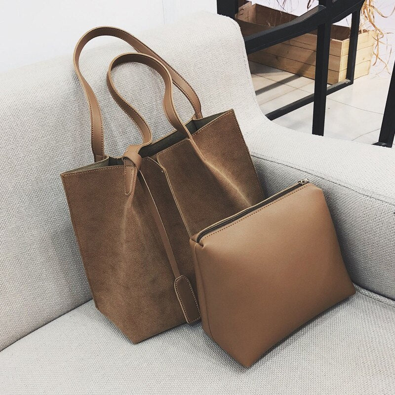 Women Suede Handbags Soft Leather Women Bag 2Pcs Handbags Set Female Shoulder Bags Large Casual Tote Bags - ebowsos