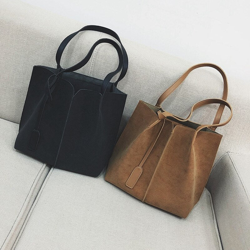 Women Suede Handbags Soft Leather Women Bag 2Pcs Handbags Set Female Shoulder Bags Large Casual Tote Bags - ebowsos