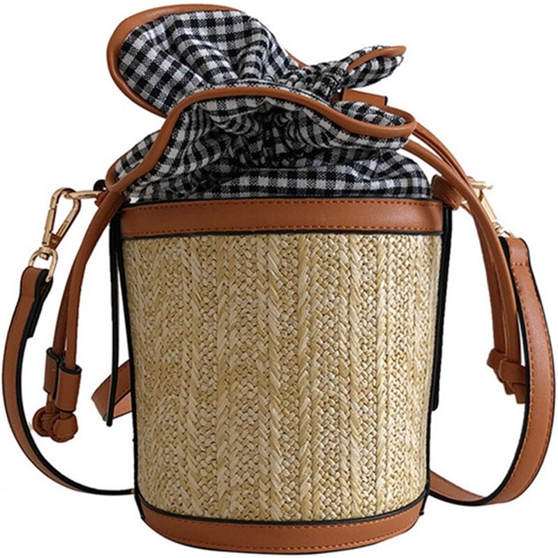 Women Summer Retro Shoulder Bag Weave Lattice Bucket Straw Cylindrical Messenger Bag Beach Drawstring Plaid Handbag - ebowsos