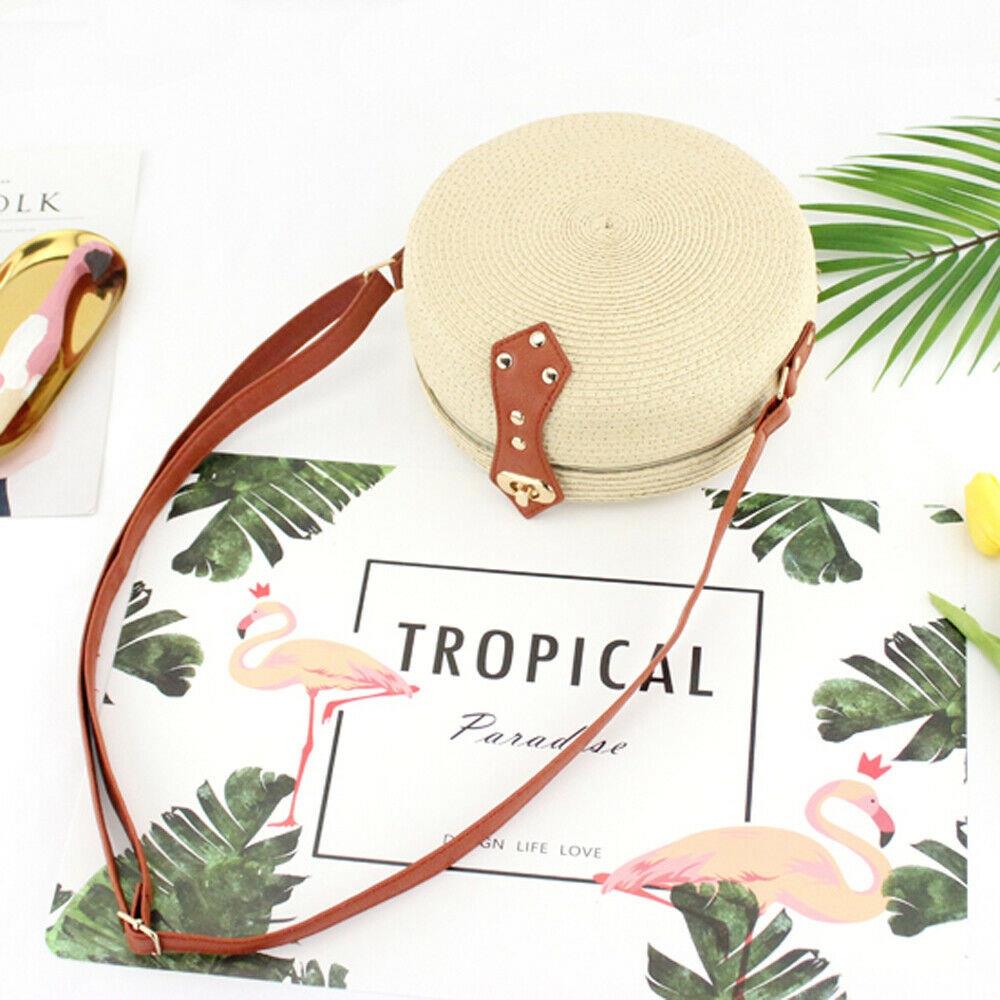 Women Summer Round Straw Shoulder Bags Rattan Bag Handwoven Beach Crossbody - ebowsos