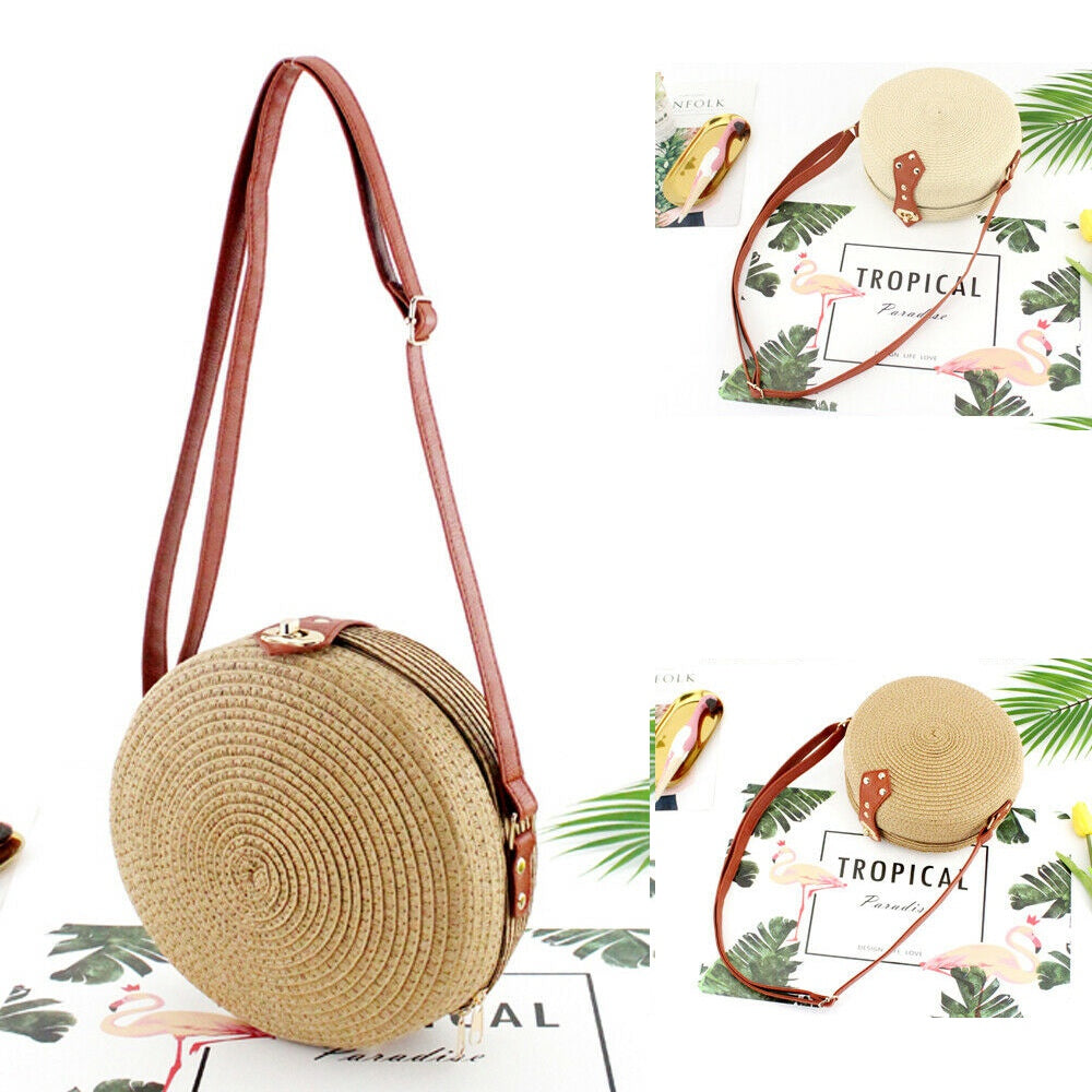 Women Summer Round Straw Shoulder Bags Rattan Bag Handwoven Beach Crossbody - ebowsos