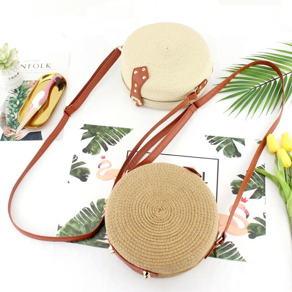 Women Summer Round Straw Shoulder Bags Rattan Bag Handwoven Beach Crossbody - ebowsos