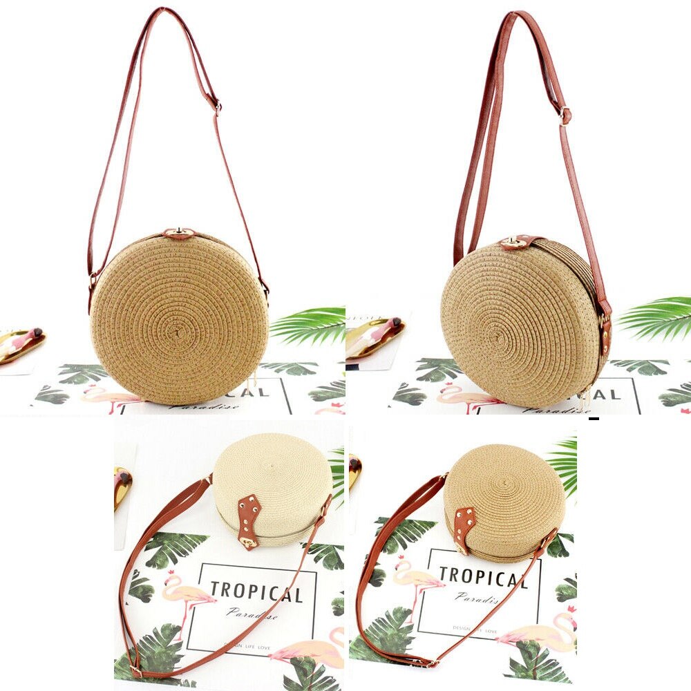 Women Summer Round Straw Shoulder Bags Rattan Bag Handwoven Beach Crossbody - ebowsos