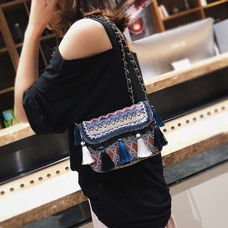 Women Tassel Weave Shoulder Messenger Crossbody Chain Bags Satchel Bag - ebowsos