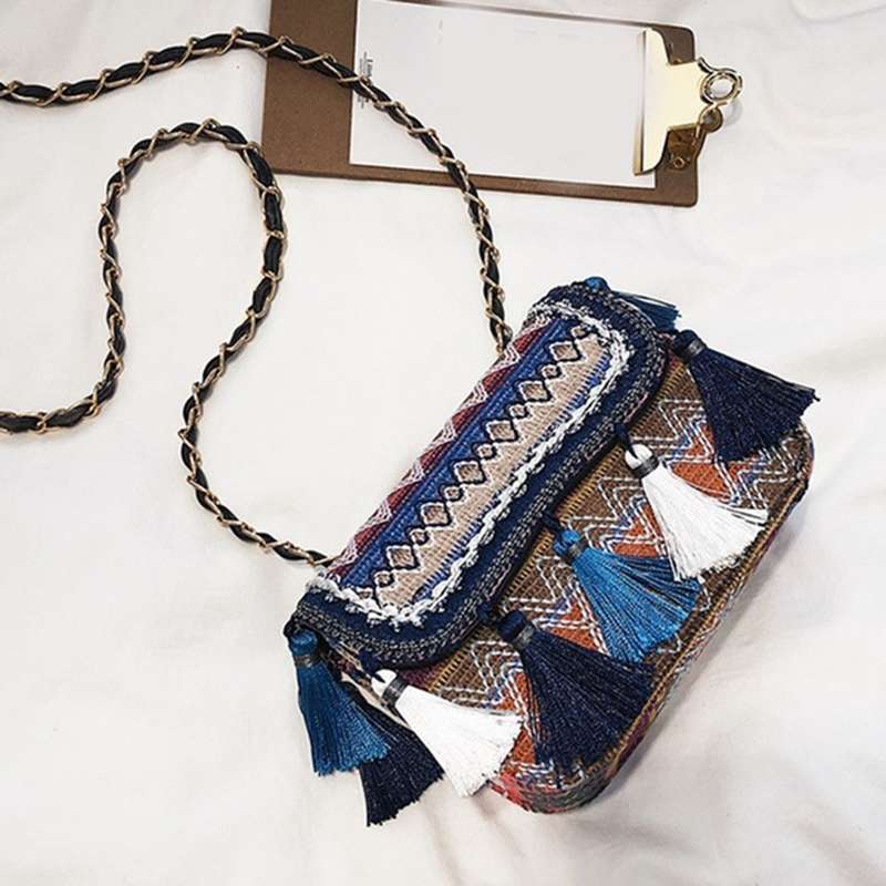 Women Tassel Weave Shoulder Messenger Crossbody Chain Bags Satchel Bag - ebowsos