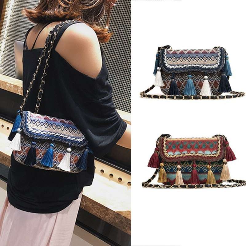 Women Tassel Weave Shoulder Messenger Crossbody Chain Bags Satchel Bag - ebowsos