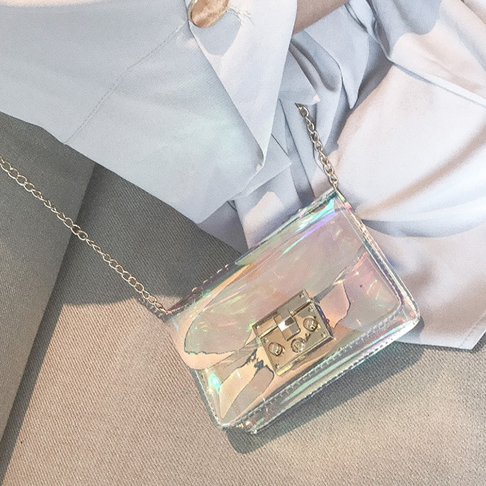 Women Transparent Bag Clear PVC Jelly Small Tote Messenger Bags Laser-Holographic Shoulder Bags Female Lady Sac Femme - ebowsos