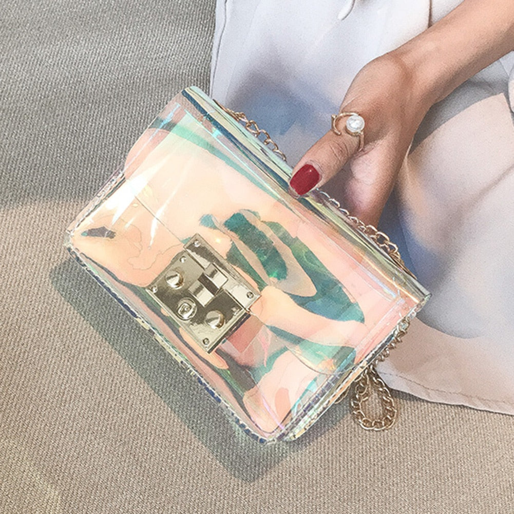 Women Transparent Bag Clear PVC Jelly Small Tote Messenger Bags Laser-Holographic Shoulder Bags Female Lady Sac Femme - ebowsos