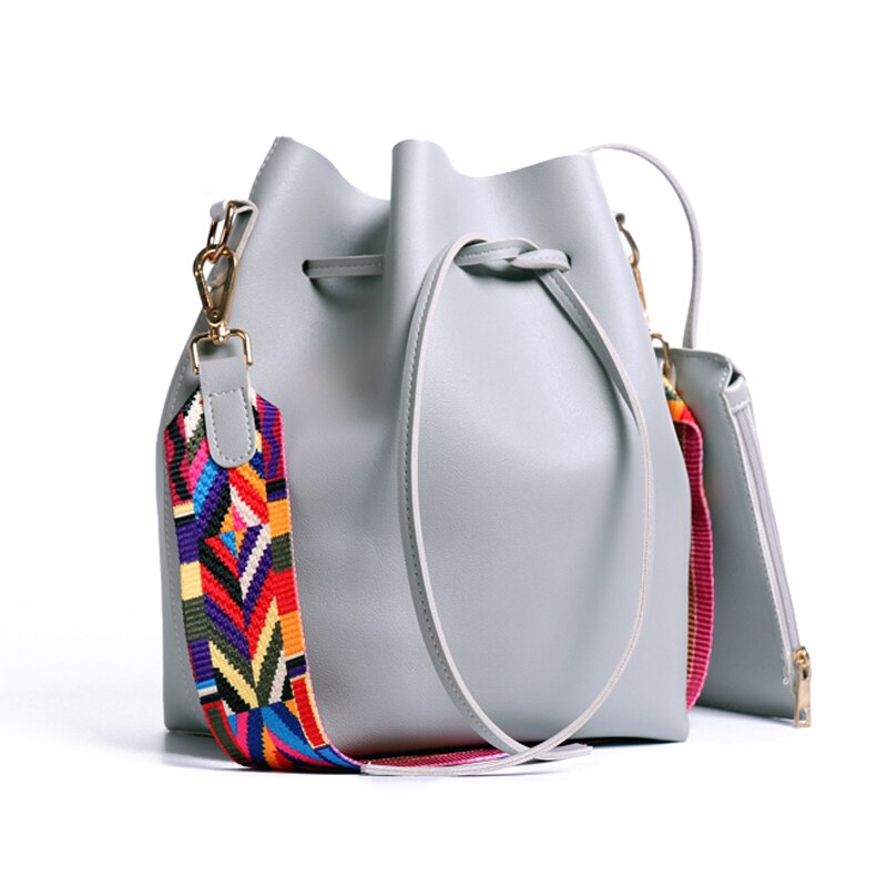 Women bag with Colorful Strap Bucket Bag Women PU Leather Shoulder Bags Designer Ladies Crossbody messenger Bags - ebowsos