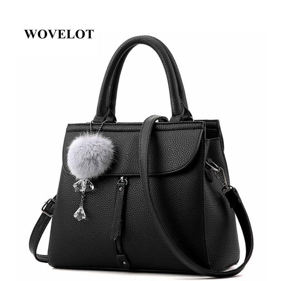 Women fur ball ornaments totes zipper medium handbag lady party purse new shoulder messenger crossbody bags(Black) - ebowsos