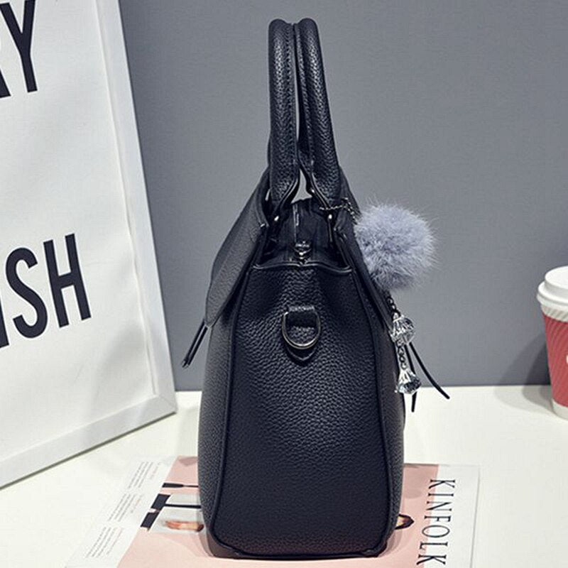 Women fur ball ornaments totes zipper medium handbag lady party purse new shoulder messenger crossbody bags(Black) - ebowsos