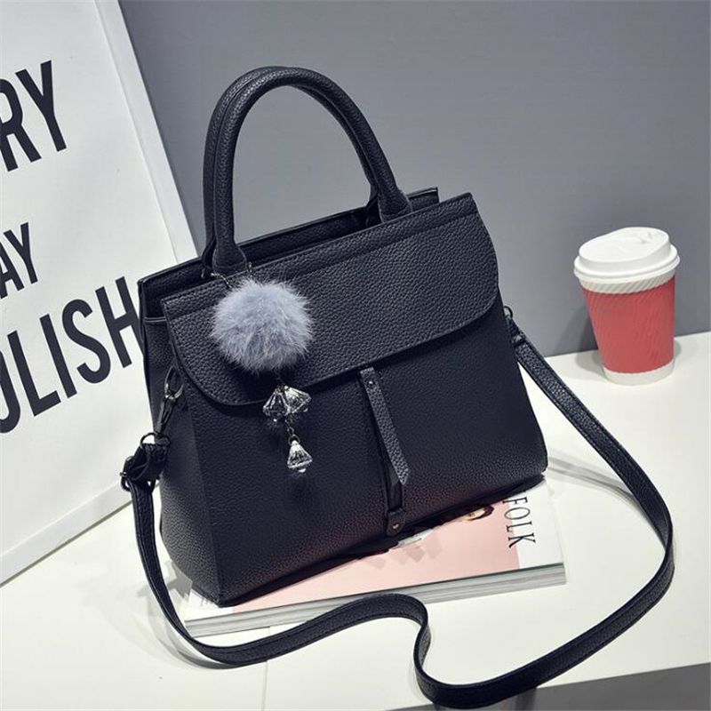 Women fur ball ornaments totes zipper medium handbag lady party purse new shoulder messenger crossbody bags(Black) - ebowsos