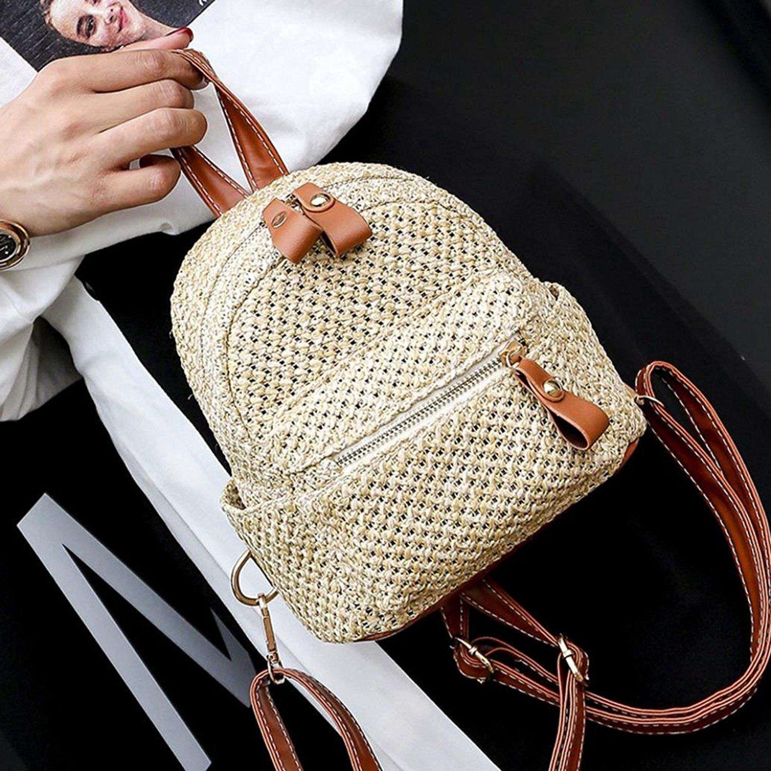 Women girls weave bags mini backpack travel backpack school bag - ebowsos