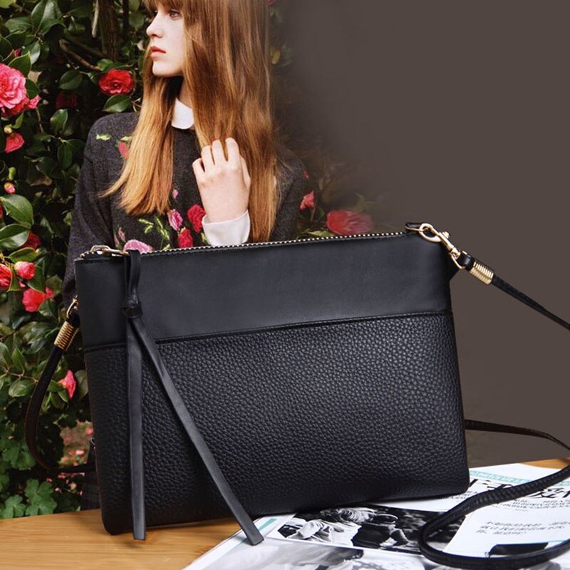 Women's Clutch Bag Simple Black Leather Crossbody Bags Enveloped Shaped Small Messenger Shoulder Bags Big Sale Female Bag - ebowsos