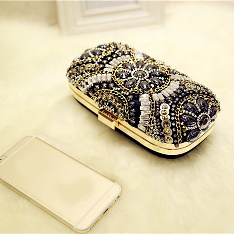 Women's Crystal Evening bag Retro Beaded Clutch Bags Wedding Diamond Beaded Bag Rhinestone Small Shoulder Bags - ebowsos